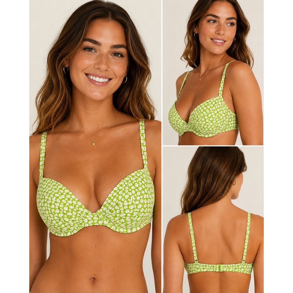 Aerie Floral Push Up Bikini Top Lime Green Daisy Underwire Swim 38D
